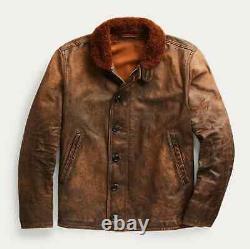 1920's Shearling Collar Distressed Street wear Vintage Cafe Brown Real Leather