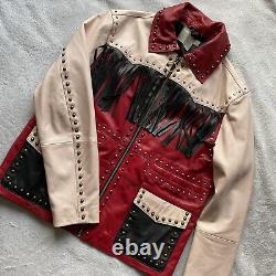 Asos design real leather western jacket studs fringing size 8 vintage cowboy 70s