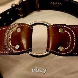 Azzedine Alaia Genuine Vintage Brown Leather Chrome Buckle Waist Belt Size 75