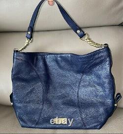 Brahmin Y2K Vintage Navy Blue Genuine Full Grain Leather Hobo Bag Gold Chain EUC