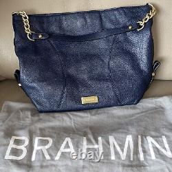 Brahmin Y2K Vintage Navy Blue Genuine Full Grain Leather Hobo Bag Gold Chain EUC