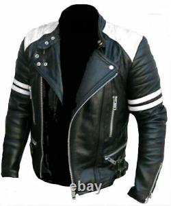 Brando Design Slim Fit Vintage Motorcycle Jacket Men Black White Leather Jacket