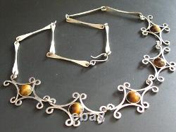 Chain Silver 925 Israel Vintage Design Necklace with Tiger Eye Gemstones
