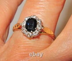Designer Vintage 18ct Gold Real Dark Blue Sapphire& Real Diamonds Ring UK Q1/2