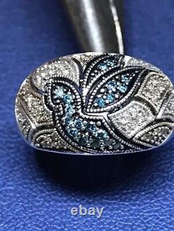 Estate Real Blue Diamond Designer ring 925 sterling silver Open Metal Work Sz 5