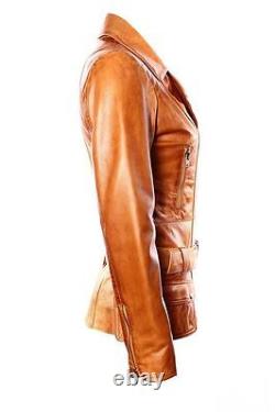 FEMININE Ladies TAN Vintage WASHED Biker Style Designer Real Leather Jacket
