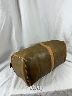 Genuine olive and tan leather duffle travel bag vintage unisex