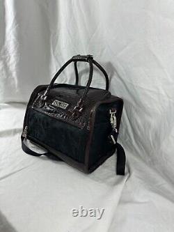 Genuine vintage BRIGHTON black brown leather train cosmetics bag with croc patte