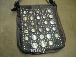 Handbag genuine leather shoulder bag purse Moroccan vintage look coins decorated