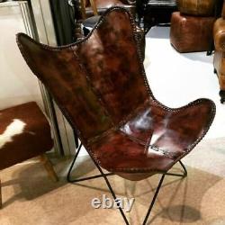 Handmade Real Vintage Leather Butterfly Relax Arm Chair Foldable Home Décor