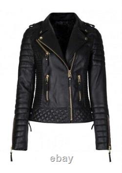 Handmade Women's Biker Black Slim Fit Genuine Sheepskin Leather Vintage jacket