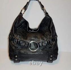 Isabella Fiore Carina Large Black Leather Hobo Braided Accents Shoulder $795