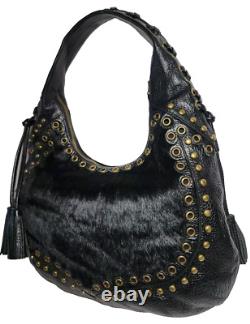 Isabella Fiore Hendrix Studded Blk Leather Hair On Shoulder Handbag Hobo Mp$895