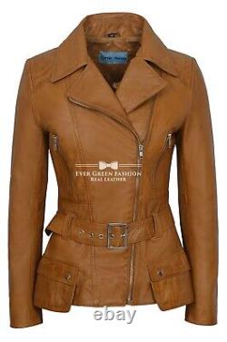 Ladies Vintage Biker Style Feminine TAN Washed Designer Real Leather Jacket 2812