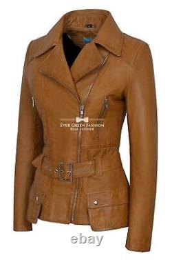 Ladies Vintage Biker Style Feminine TAN Washed Designer Real Leather Jacket 2812