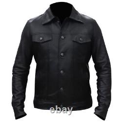 Men Vintage Cowboy Genuine Black Leather Classic Denim Style Trucker Jacket