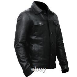 Men Vintage Cowboy Genuine Black Leather Classic Denim Style Trucker Jacket