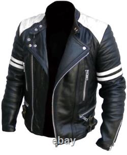 Men's Brando Design Motorcycle Vintage White & Black New Leather Jacket