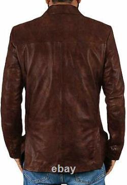 Men's Brown Blazer Distressed Genuine Sheepskin Leather Vintage Slim Fit Coat