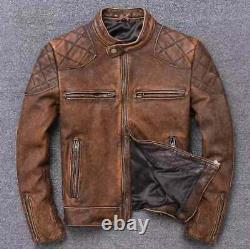 Men's Cafe Racer Biker Vintage Motorcycle Distressed Tan Brown Leather Jacket