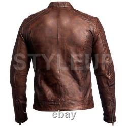 Men's Classic Vintage Cafe Racer Style Distress Brown Biker Real Leather Jacket