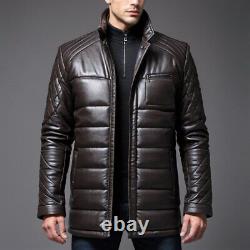 Men's REAL Leather Long BLACK coat Modern Vintage design TOP Real leather