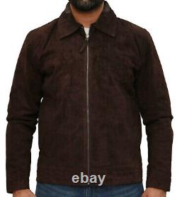 Men's Slim Fit Biker Dark Brown Genuine Suede Leather Vintage Motorcycle Jacket