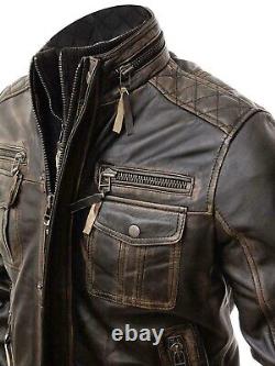 Mens Abraci Biker Vintage Cafe Racer Retro Distressed Brown Real Leather Jacket