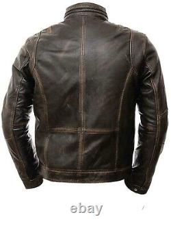 Mens Abraci Biker Vintage Cafe Racer Retro Distressed Brown Real Leather Jacket