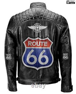 Mens Black Vintage Style Biker Motorcycle Real Leather Jacket Route 66 Design