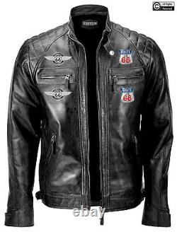 Mens Black Vintage Style Biker Motorcycle Real Leather Jacket Route 66 Design