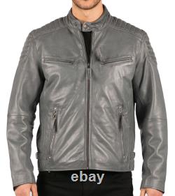 Mens Blue Grey Real Leather Designer Zipped Biker Jacket Washed Casual Vintage