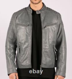 Mens Blue Grey Real Leather Designer Zipped Biker Jacket Washed Casual Vintage