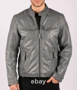 Mens Blue Grey Real Leather Designer Zipped Biker Jacket Washed Casual Vintage