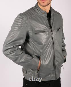 Mens Blue Grey Real Leather Designer Zipped Biker Jacket Washed Casual Vintage