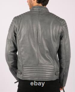 Mens Blue Grey Real Leather Designer Zipped Biker Jacket Washed Casual Vintage