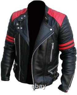 Mens Classic Brando Vintage Design Black & Red Genuine Leather Motorcycle Jacket