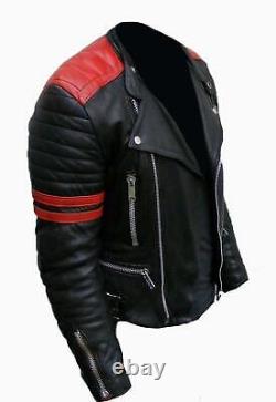 Mens Classic Brando Vintage Design Black & Red Genuine Leather Motorcycle Jacket