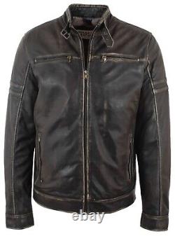 Mens Real Leather Biker Jacket Zip up Biker Style Jacket Vintage Rub Off Effect