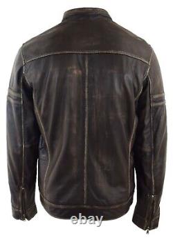 Mens Real Leather Biker Jacket Zip up Biker Style Jacket Vintage Rub Off Effect