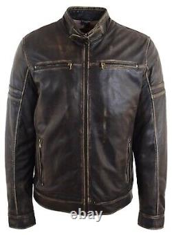 Mens Real Leather Biker Jacket Zip up Biker Style Jacket Vintage Rub Off Effect