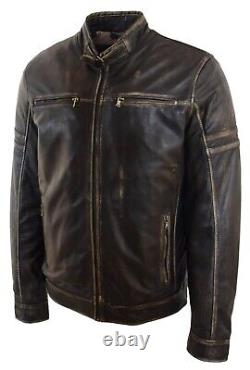 Mens Real Leather Biker Jacket Zip up Biker Style Jacket Vintage Rub Off Effect