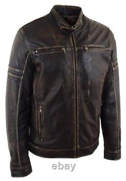 Mens Real Leather Biker Jacket Zip up Biker Style Jacket Vintage Rub Off Effect