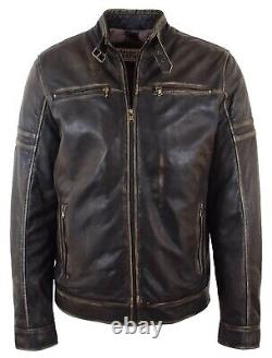 Mens Real Leather Biker Jacket Zip up Biker Style Jacket Vintage Rub Off Effect