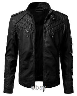 Mens Retro Vintage Cafe Racer Black Genuine Leather Slim Fit Real Biker Jacket