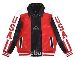 Mens USA American Flag 90's Bomber Vintage Leather Jacket Motorbike Style Jacket