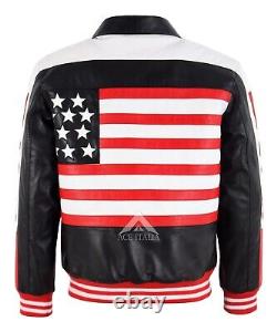 Mens USA American Flag 90's Bomber Vintage Leather Jacket Motorbike Style Jacket