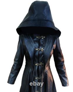 Nasrani Style Ladies Long Coat Genuine Black Leather Fashion Vintage Style Coat