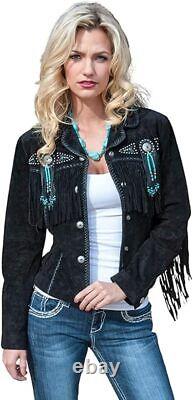 Native American Womens Western Cowgirl Suede Leather Jacket with Fringes & Beads