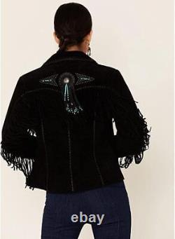 Native American Womens Western Cowgirl Suede Leather Jacket with Fringes & Beads